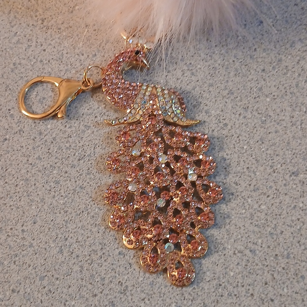 Pink Faux Fur Pom Pom Keychain with Gold/pink/clear Rhinestone Peacock Bag Charm